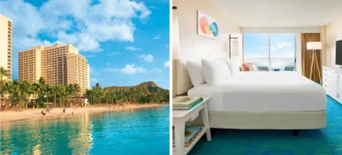Exterior of the Twin Fin hotel (left) and interior guest room (right)